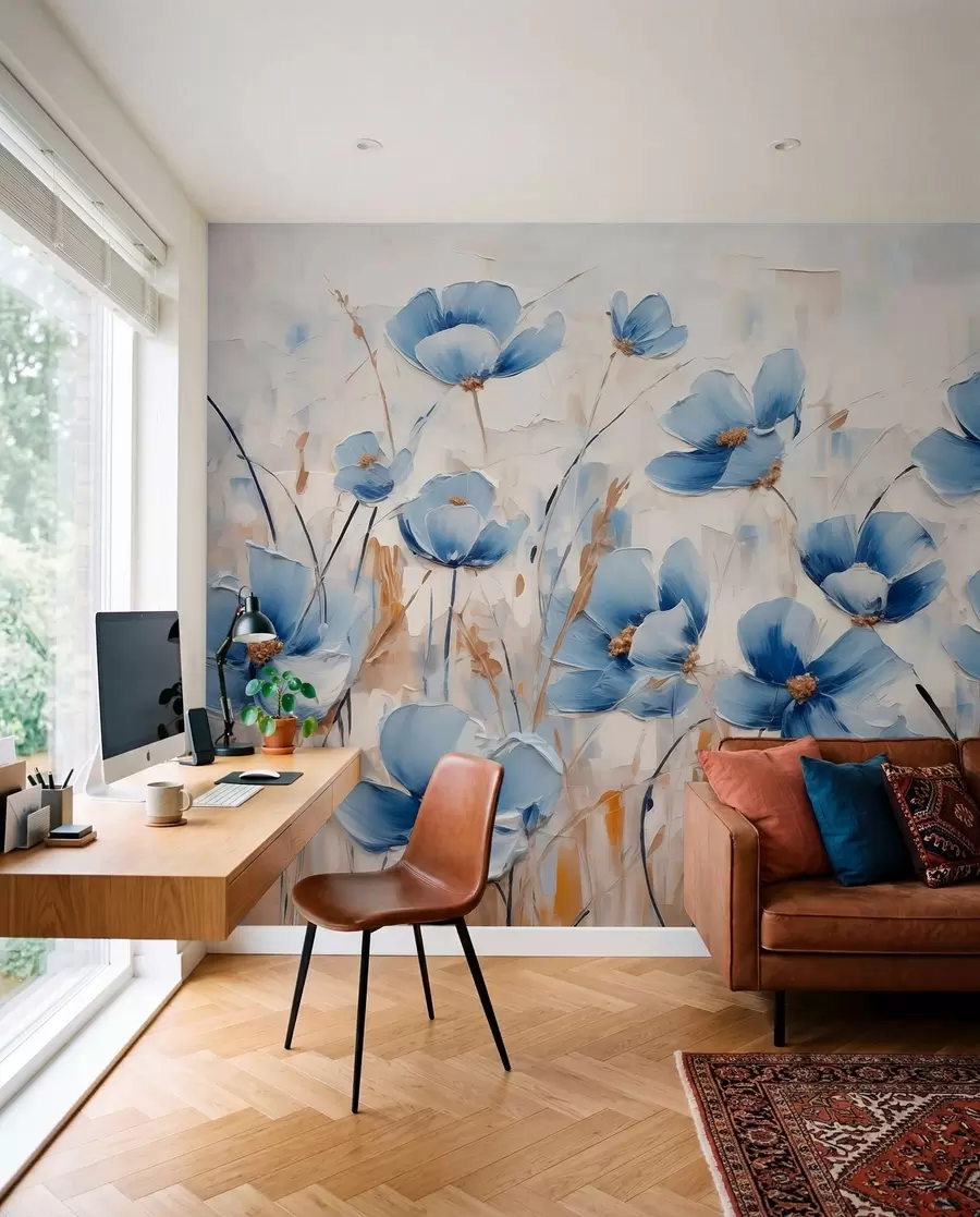 wall murals Blue flowers on abstract background, imitation of oil strokes w01045