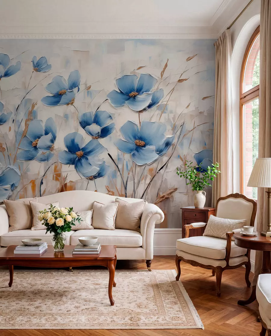 wall murals Blue flowers on abstract background, imitation of oil strokes w01045