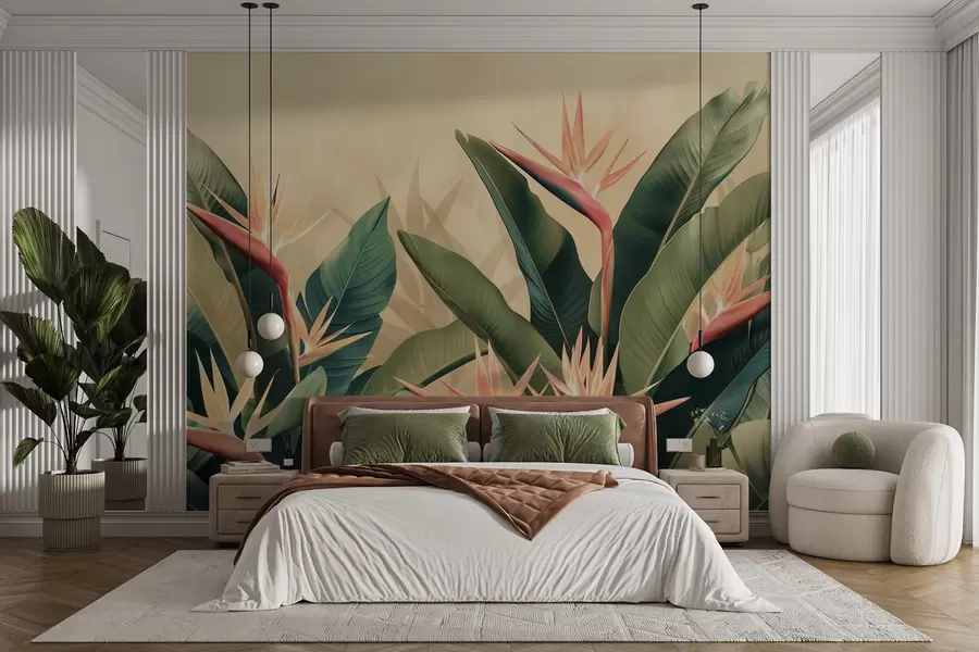 wall murals Lush arrangement of tropical flowers surrounded by large dark green leaves w01484v1