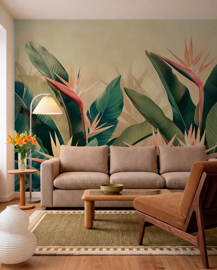 wall murals Lush arrangement of tropical flowers surrounded by large dark green leaves w01484v1