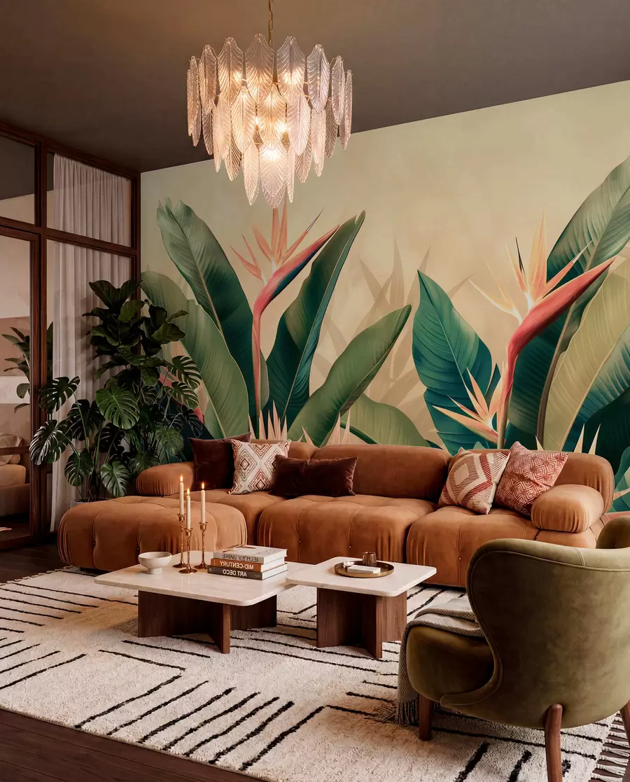 wall murals Lush arrangement of tropical flowers surrounded by large dark green leaves w01484v1