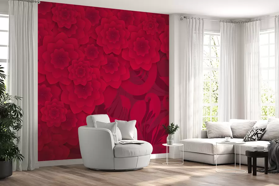 wall murals burgundy wallpaper with large flowers with imitation of volume on the background of an ornamental pattern w01051