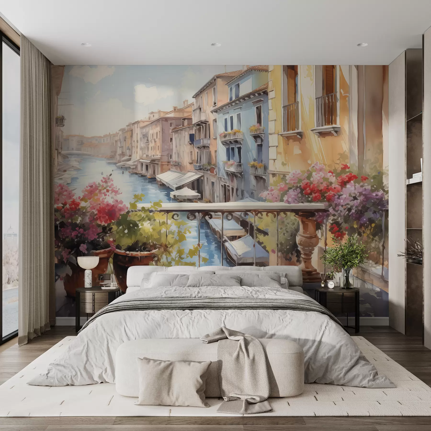 wall murals Flowers in pots on a balcony in Venice watercolor w01052