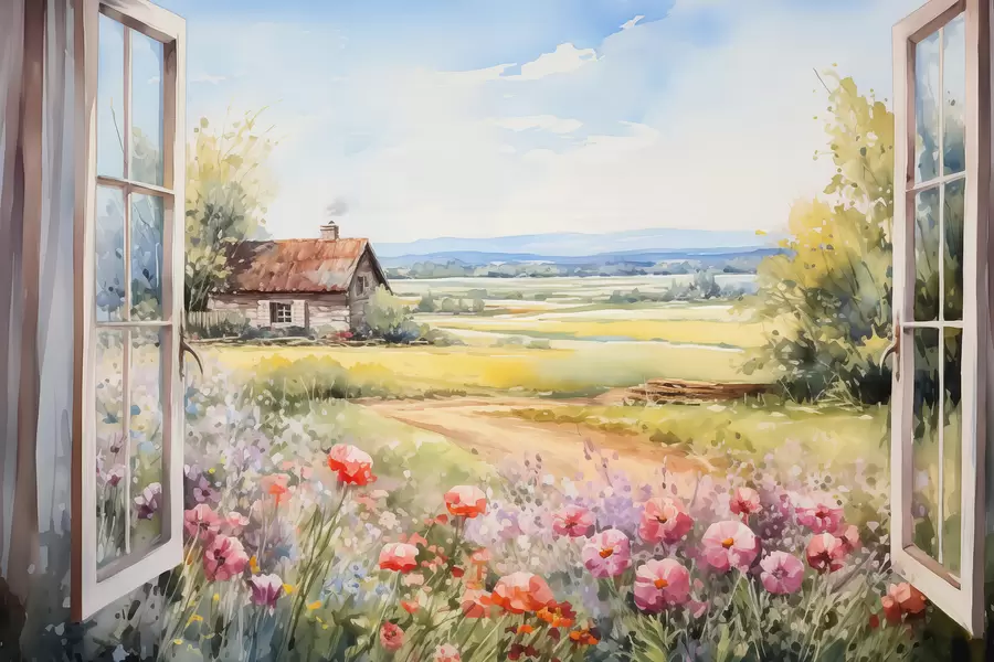 wall murals View from the window to a meadow with flowers and a rural house watercolor w01057
