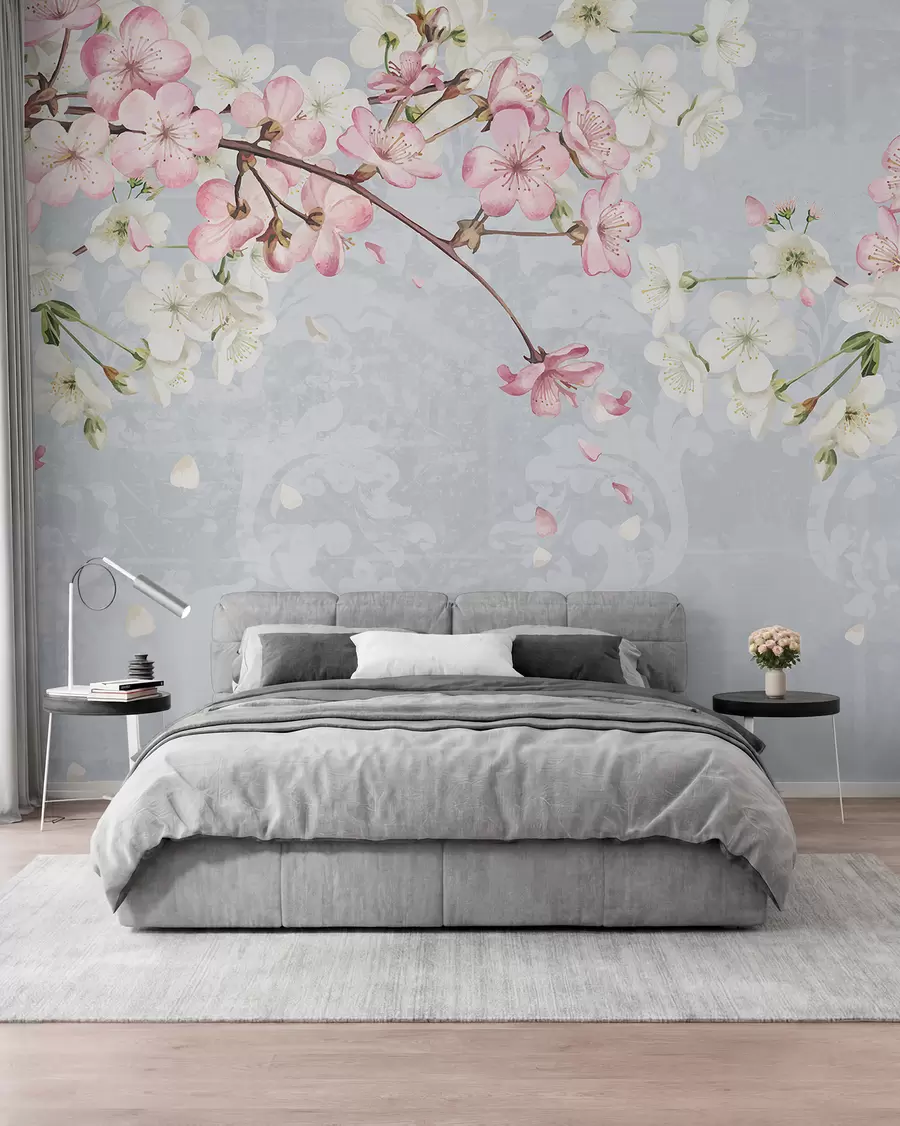wall murals Pink and white cherry blossom flowers in full bloom, with soft petals falling against a textured blue background w08254