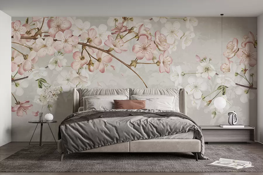 wall murals Pink and white cherry blossom flowers in full bloom, with soft petals falling against a textured beige background w08254v1