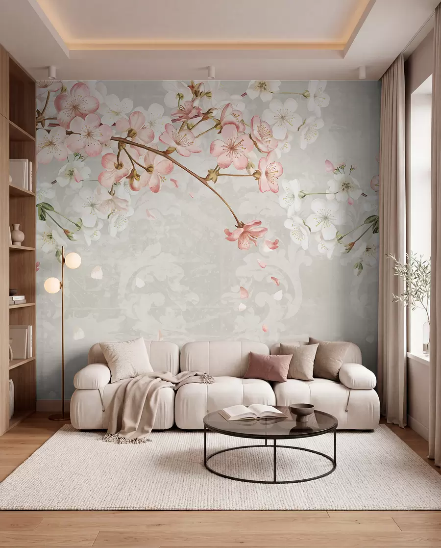 wall murals Pink and white cherry blossom flowers in full bloom, with soft petals falling against a textured beige background w08254v1