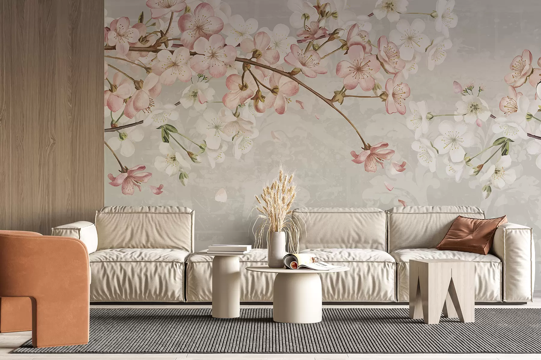 wall murals Pink and white cherry blossom flowers in full bloom, with soft petals falling against a textured beige background w08254v1