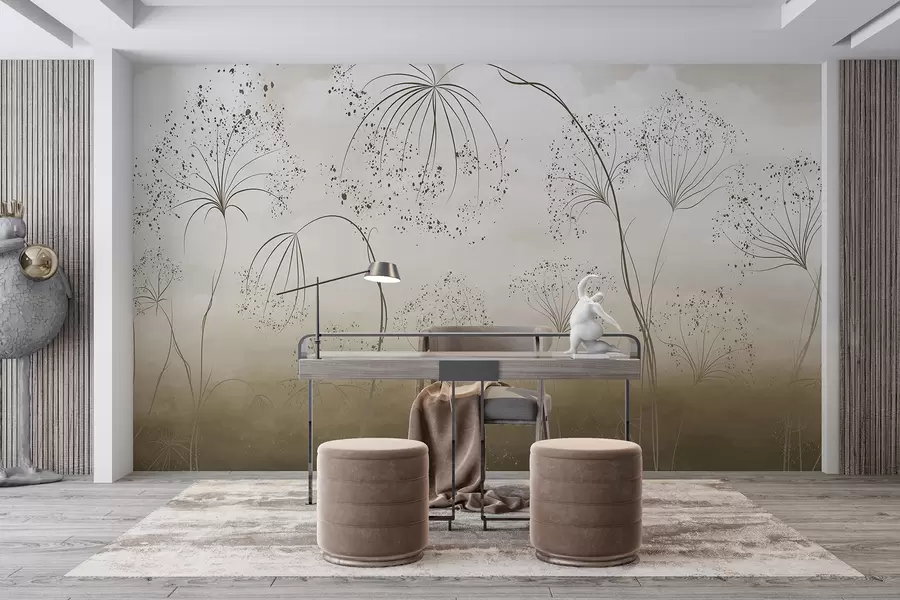 wall murals Brown tall, wispy plants with delicate, umbrella-shaped flowers or seed heads in a misty, atmospheric environment w08258