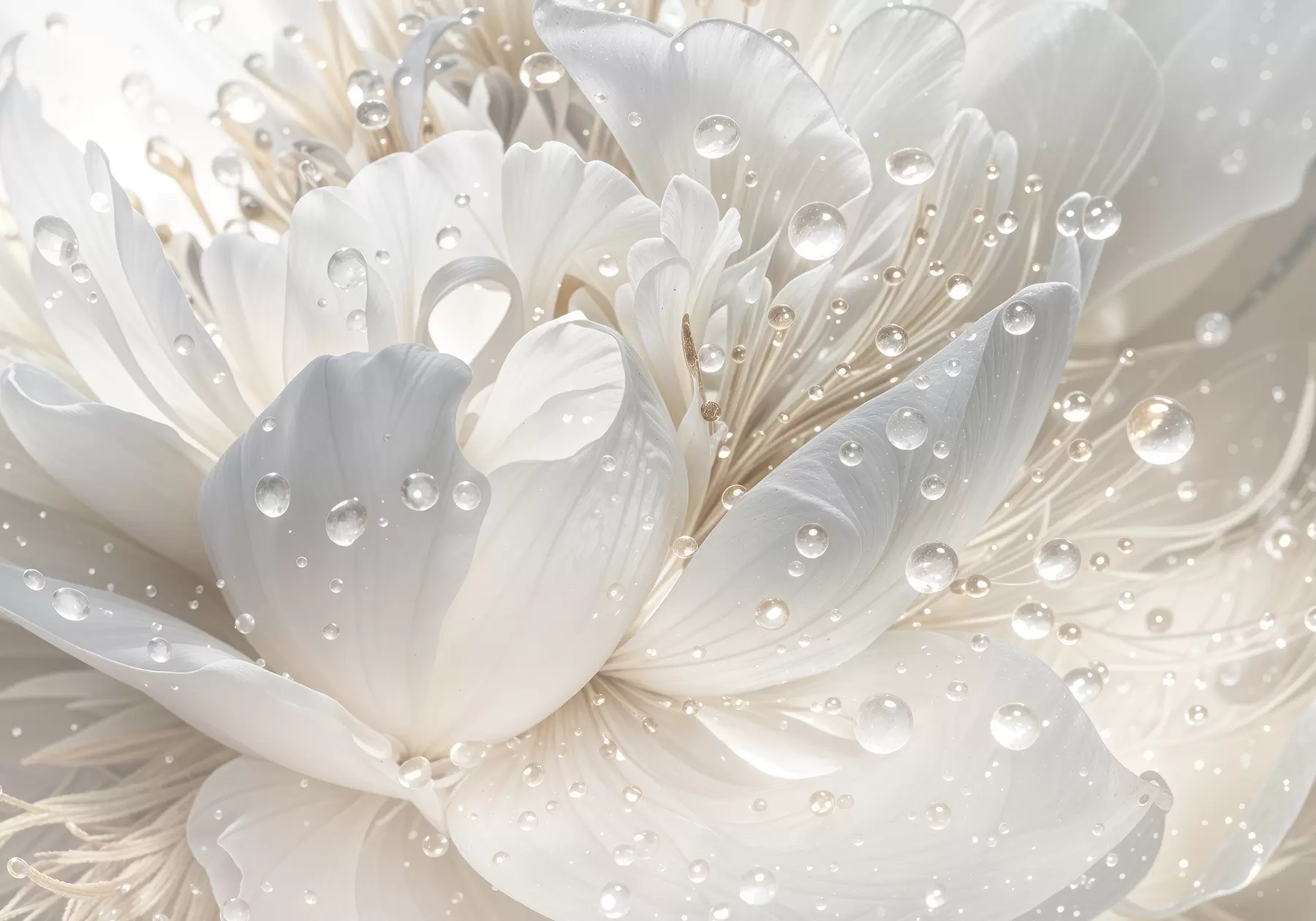 wall murals A close-up of a white peony flower with delicate petals and water droplets w08262