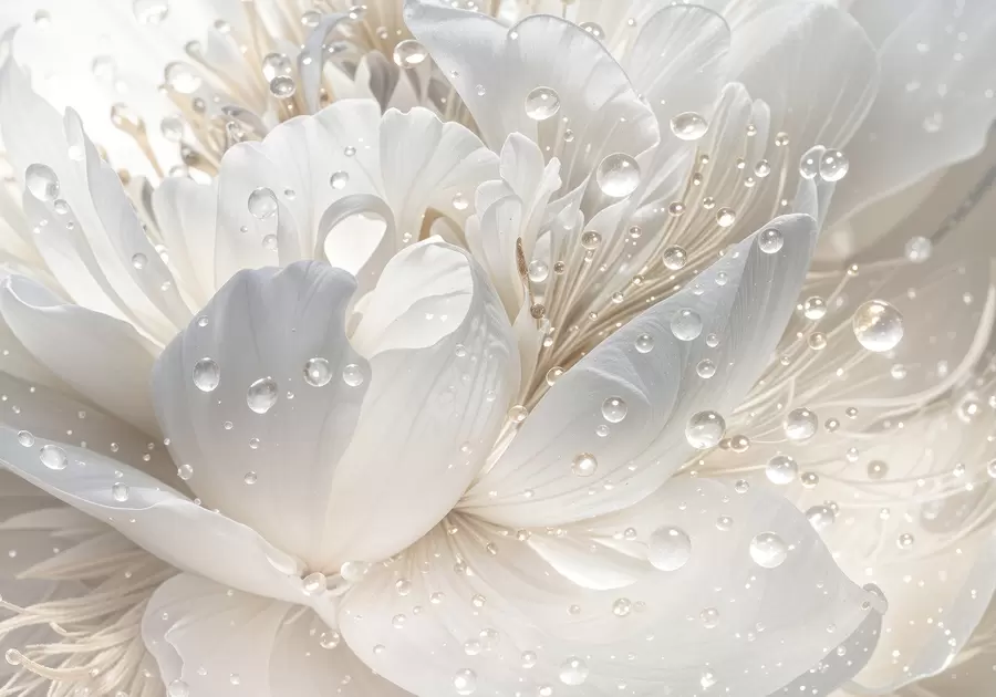 wall murals A close-up of a white peony flower with delicate petals and water droplets w08262