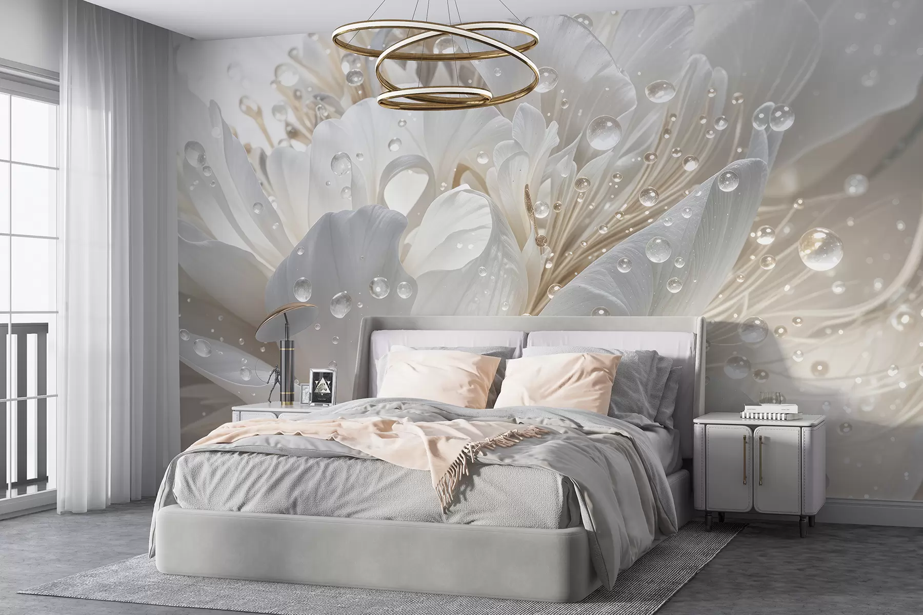 wall murals A close-up of a white peony flower with delicate petals and water droplets w08262