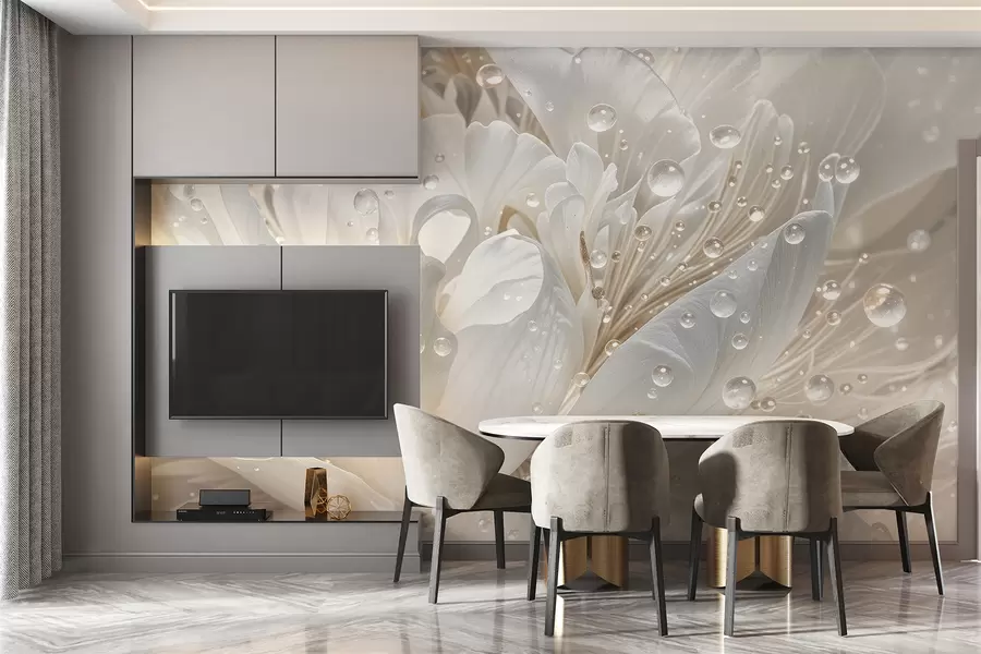 wall murals A close-up of a white peony flower with delicate petals and water droplets w08262