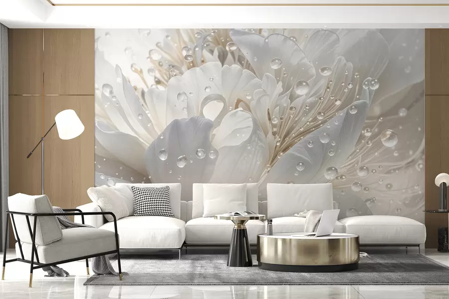 wall murals A close-up of a white peony flower with delicate petals and water droplets w08262