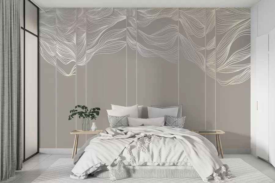 wall murals Flowing white abstract line waves against a light brown background w08263