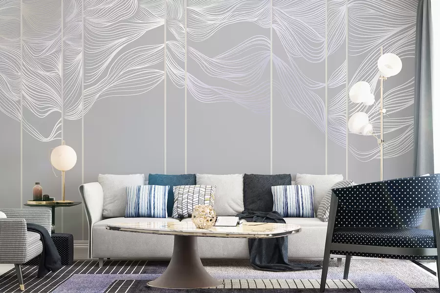 wall murals Flowing white abstract line waves against a light gray background w08263v1