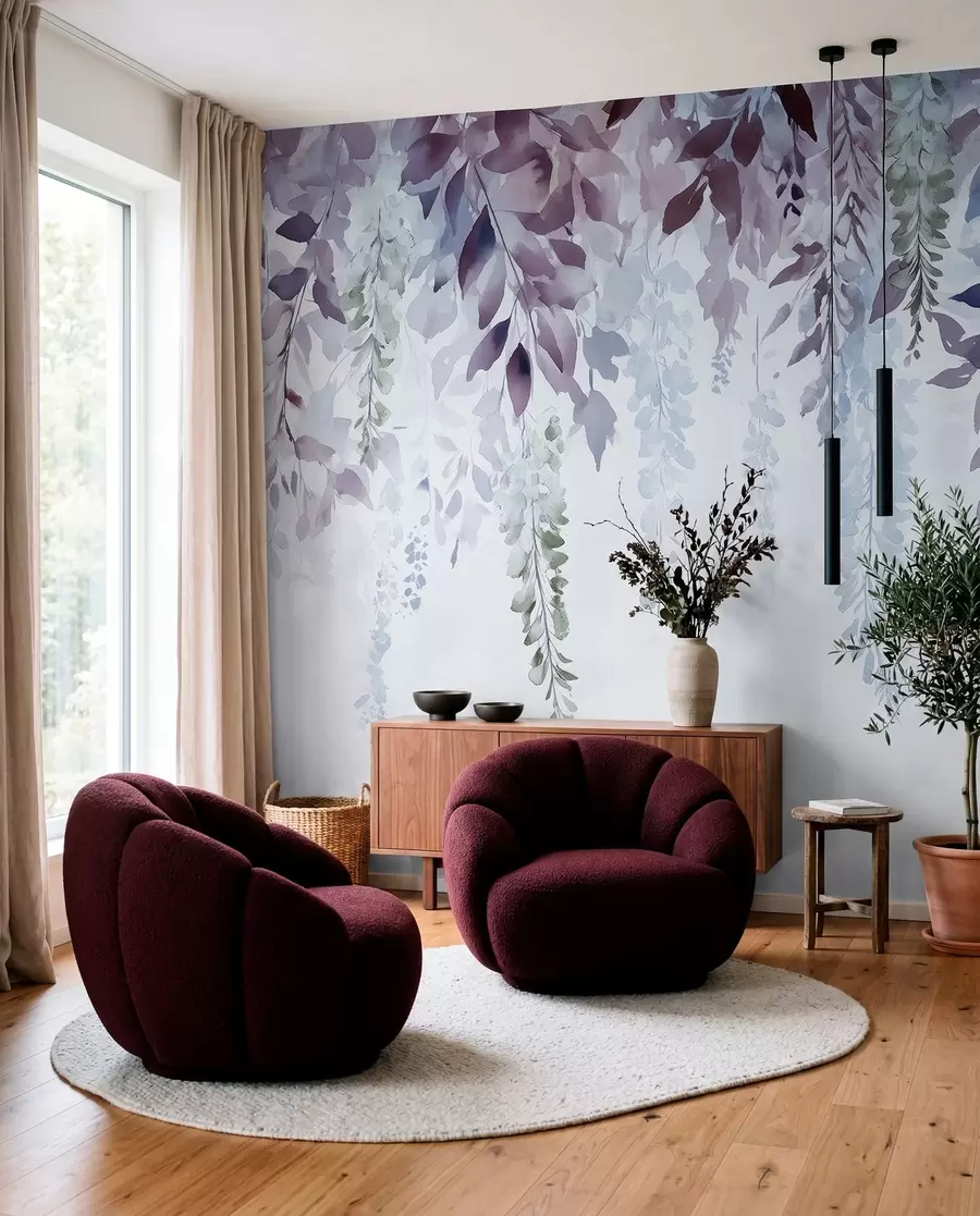wall murals Wisteria flower ornament, floral, watercolor, blue and purple colors w01545v1