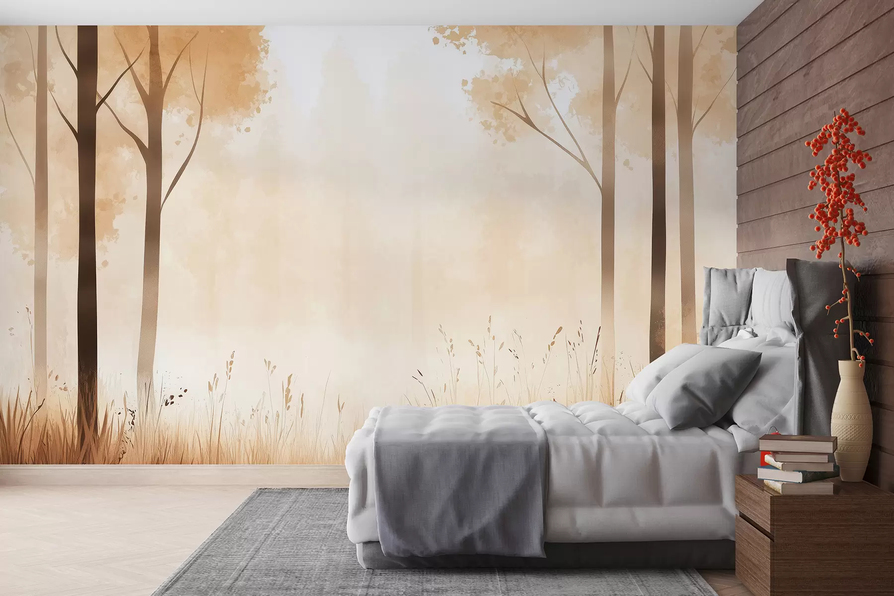wall murals Watercolor forest, fog, trees, grass, natural landscape, beige color w01563