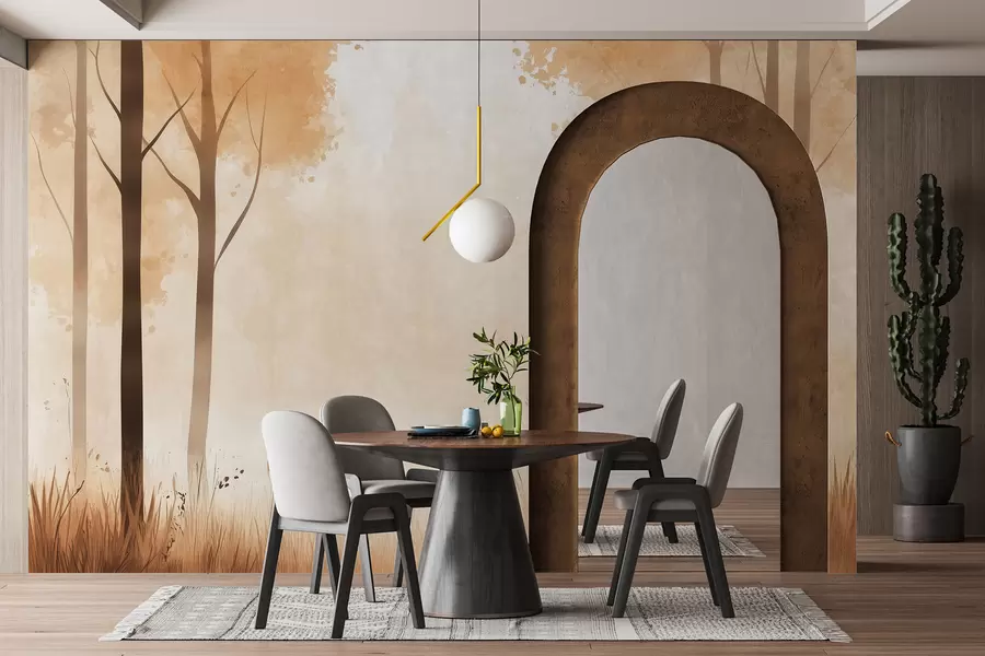 wall murals Watercolor forest, fog, trees, grass, natural landscape, beige color w01563