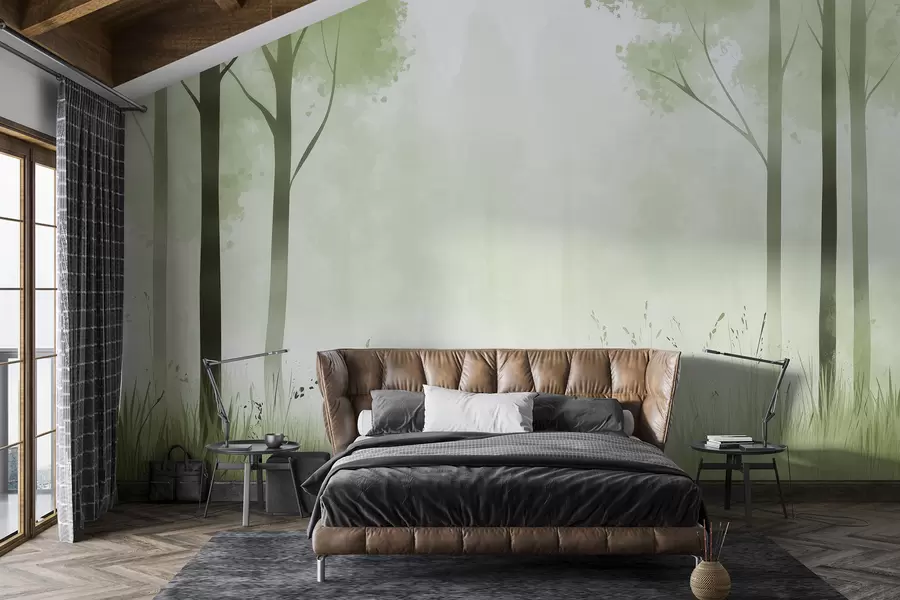 wall murals Watercolor forest, fog, trees, grass, natural landscape, green color w01563v2