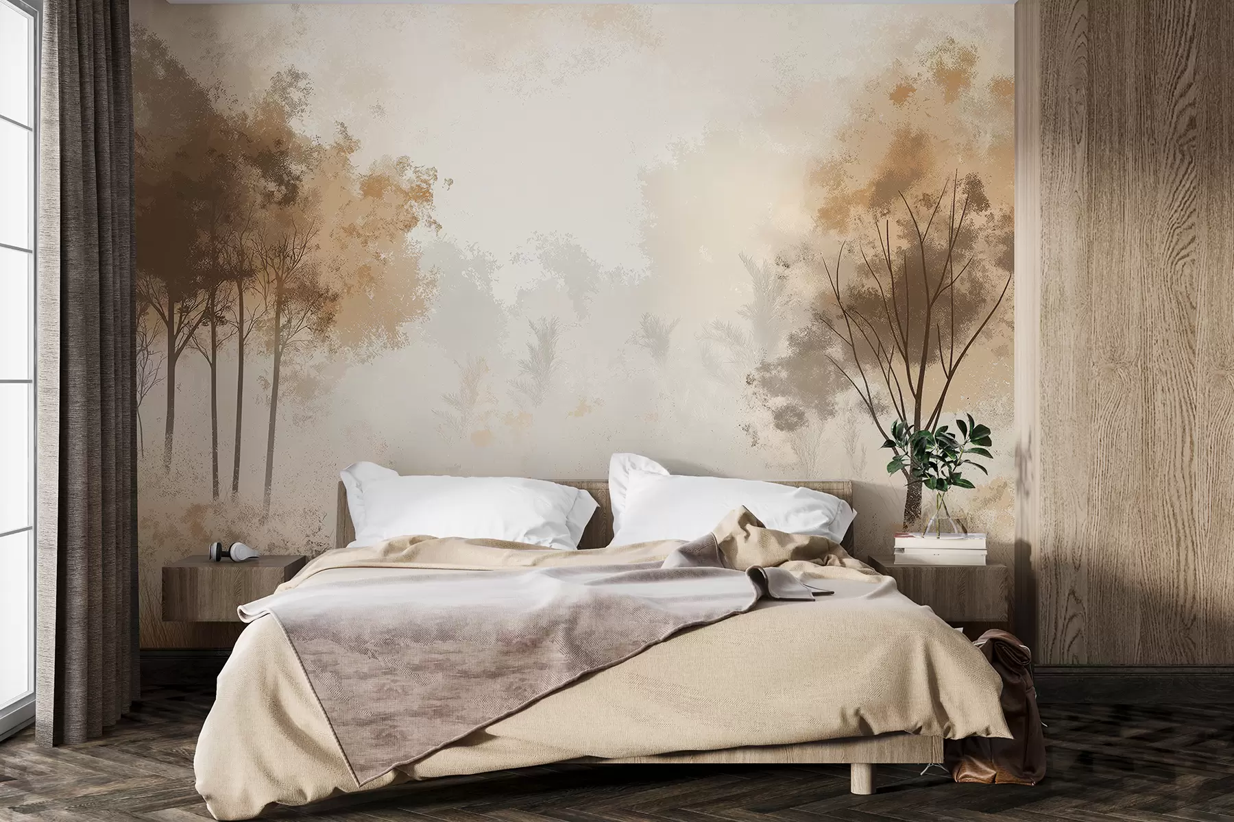 wall murals Nature landscapes, trees in the forest, grunge texture, beige colors w01564