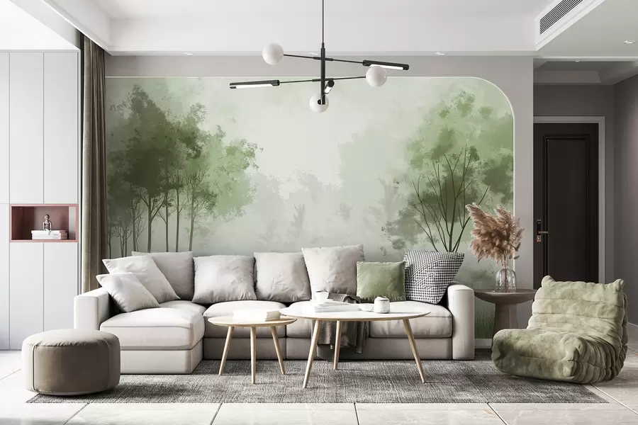 wall murals Nature landscapes, trees in the forest, grunge texture, green colors w01564v2
