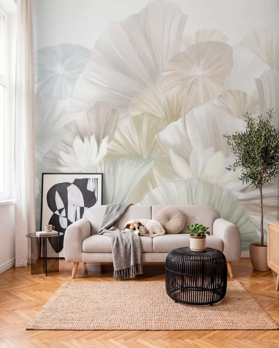 wall murals Delicate green lotus leaves with white flowers with soft, feathery petals arranged in a natural art composition w08265