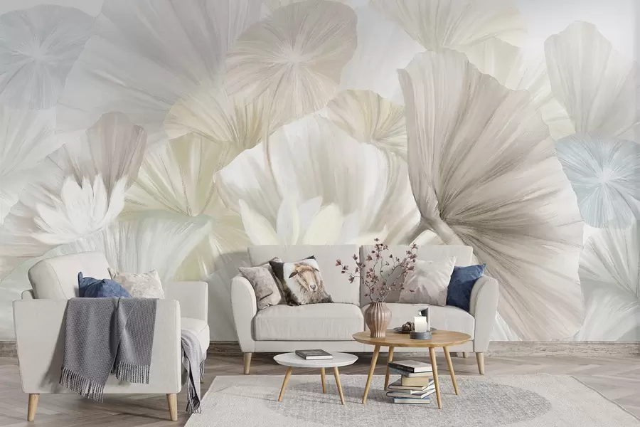 wall murals Delicate green lotus leaves with white flowers with soft, feathery petals arranged in a natural art composition w08265