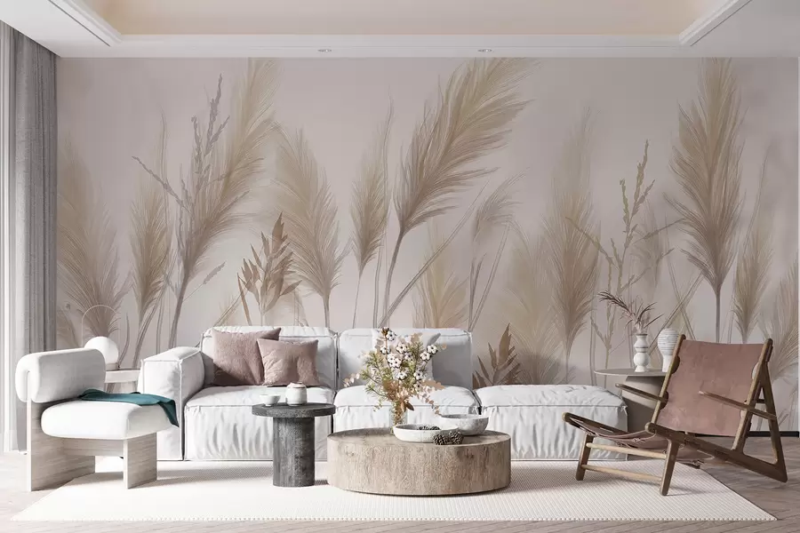 wall murals Tall beige grass blades spikelets swaying in the wind against a soft, light background w08268
