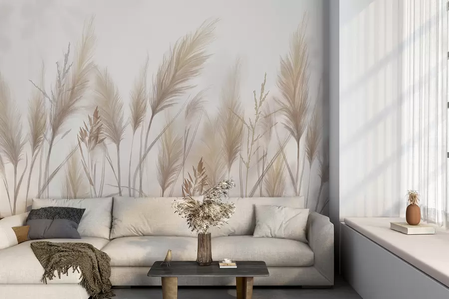 wall murals Tall beige grass blades spikelets swaying in the wind against a soft, light background w08268