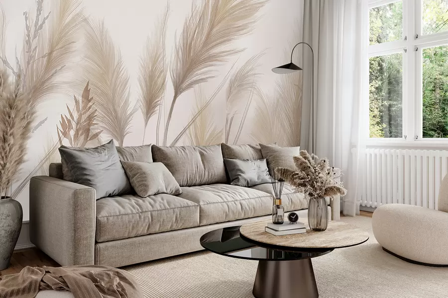 wall murals Tall beige grass blades spikelets swaying in the wind against a soft, light background w08268