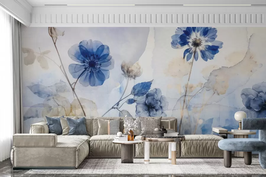 wall murals Blue and white watercolor transparent flowers in a field, with soft, blurred abstract background w08270