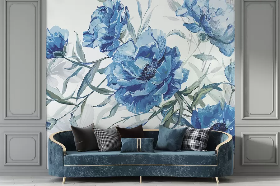 wall murals Blue peonies painting with lush foliage against a light abstract background  w08274v1