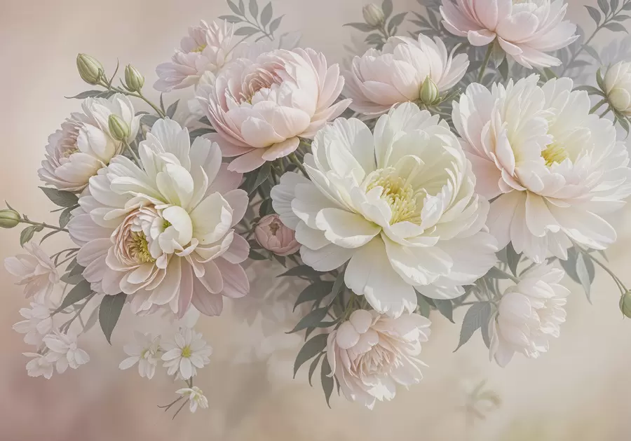 wall murals A bouquet of lush, pastel-colored peonies and other flowers against a soft, blurred background  w08276