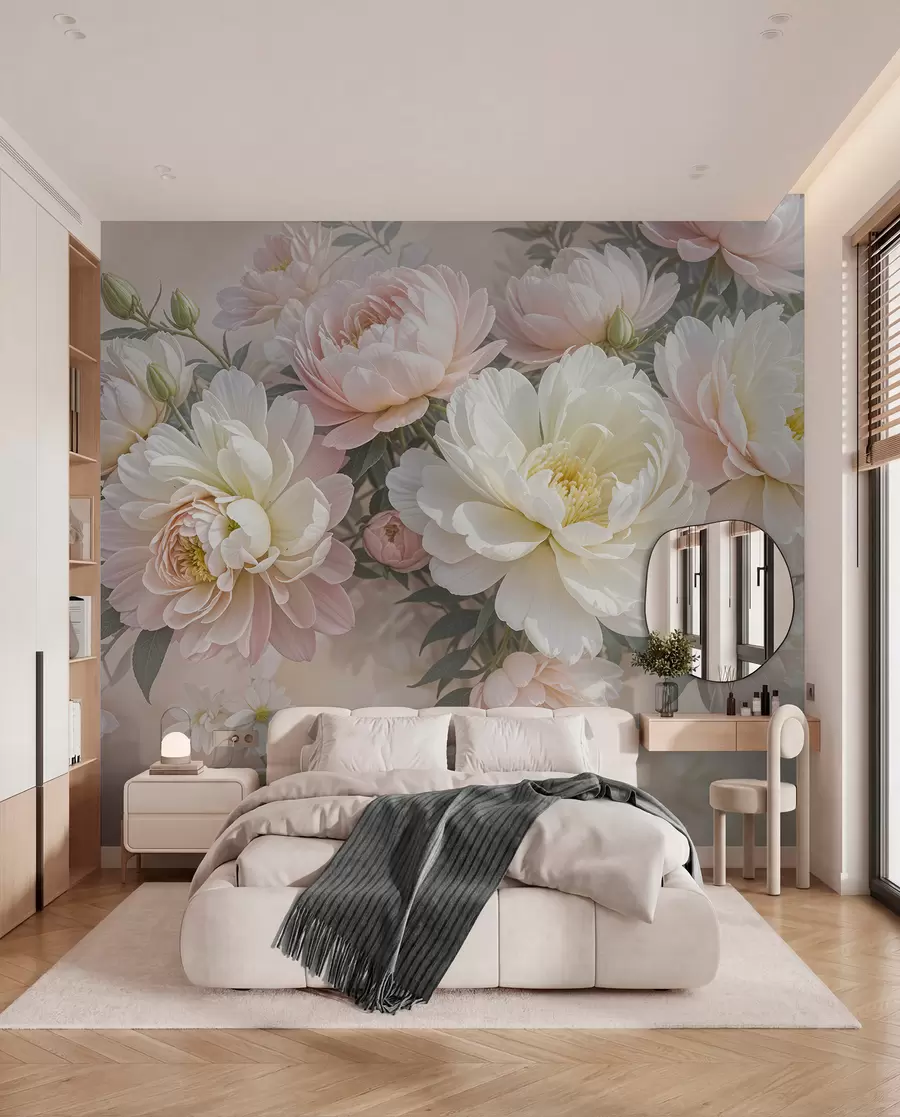 wall murals A bouquet of lush, pastel-colored peonies and other flowers against a soft, blurred background  w08276