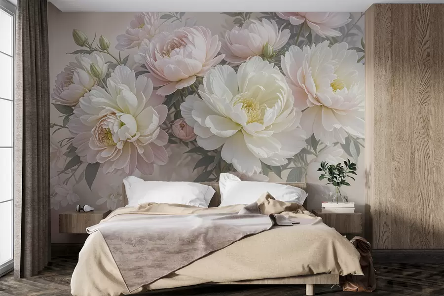 wall murals A bouquet of lush, pastel-colored peonies and other flowers against a soft, blurred background  w08276