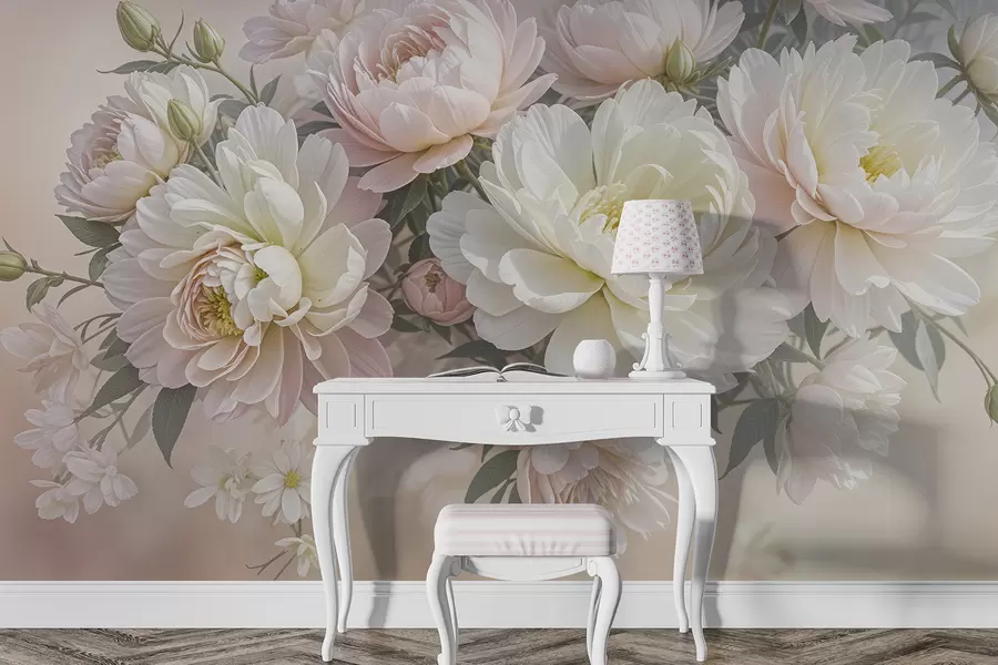 wall murals A bouquet of lush, pastel-colored peonies and other flowers against a soft, blurred background  w08276