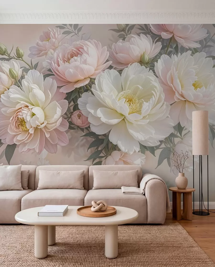 wall murals A bouquet of lush, pastel-colored peonies and other flowers against a soft, blurred background  w08276