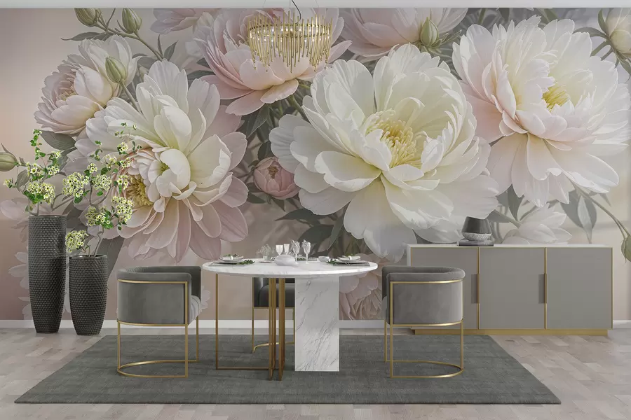 Wall murals A bouquet of lush, pastel-colored peonies and other flowers against a soft, blurred background  w08276 buy UK - Uwalls.co.uk wall murals A bouquet of lush, pastel-colored peonies and other flowers against a soft, blurred background  w08276
