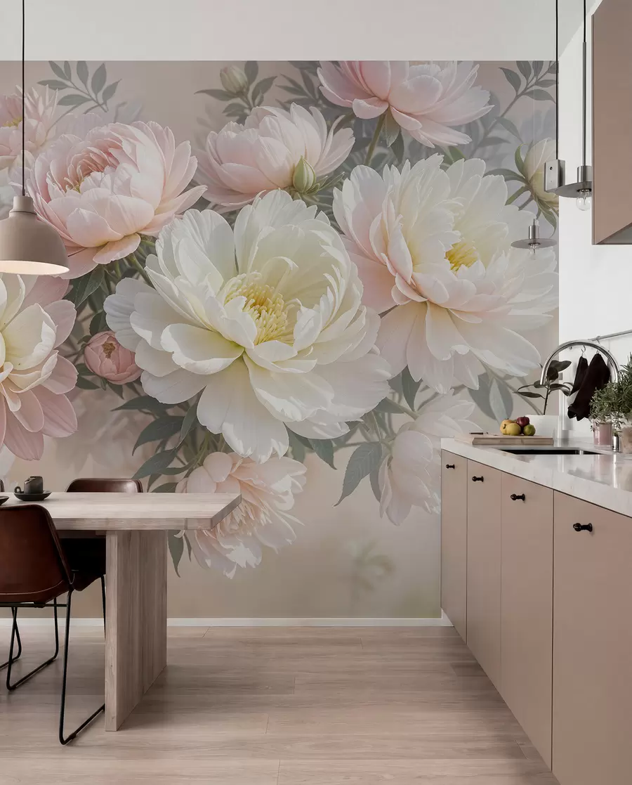 wall murals A bouquet of lush, pastel-colored peonies and other flowers against a soft, blurred background  w08276