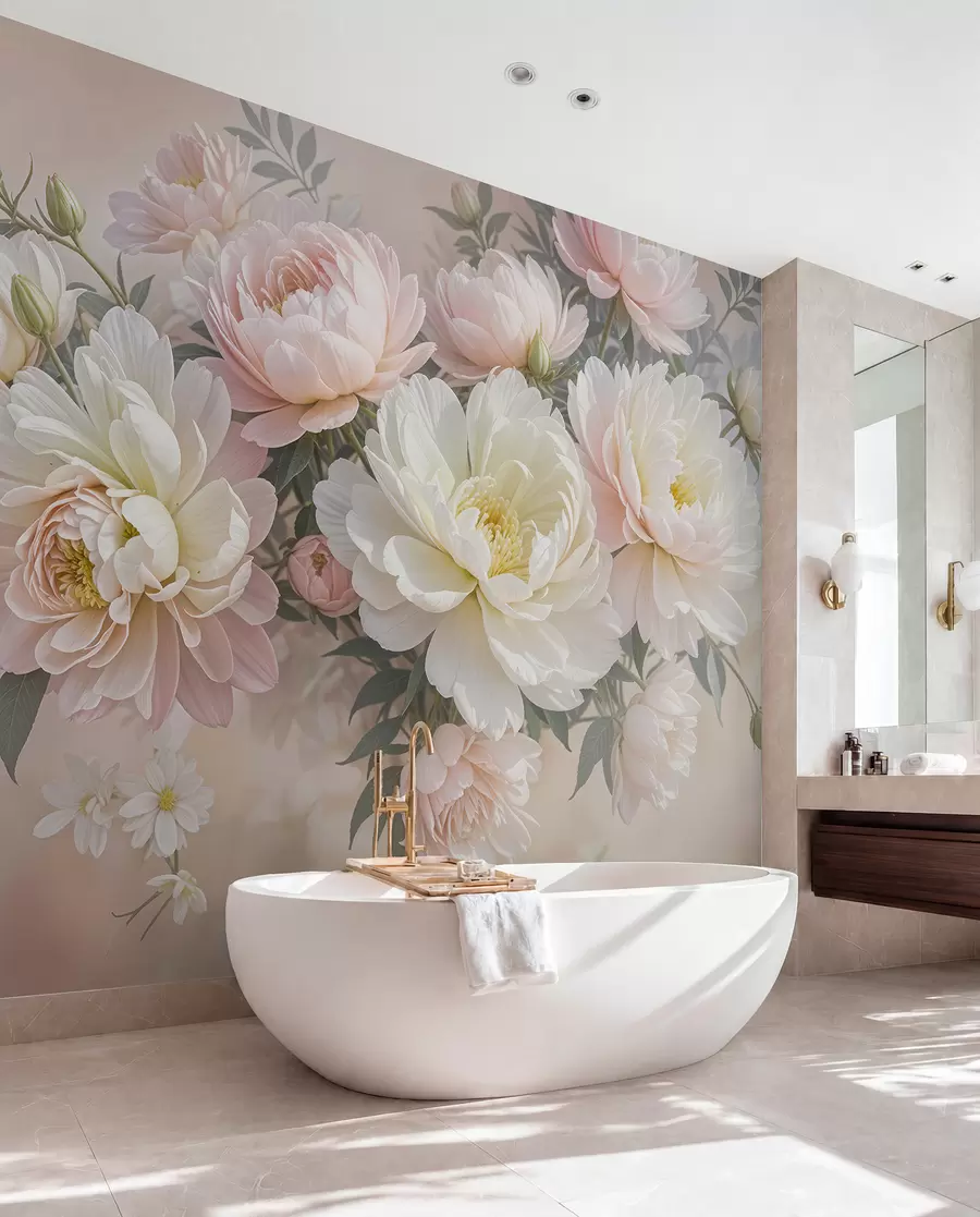 wall murals A bouquet of lush, pastel-colored peonies and other flowers against a soft, blurred background  w08276