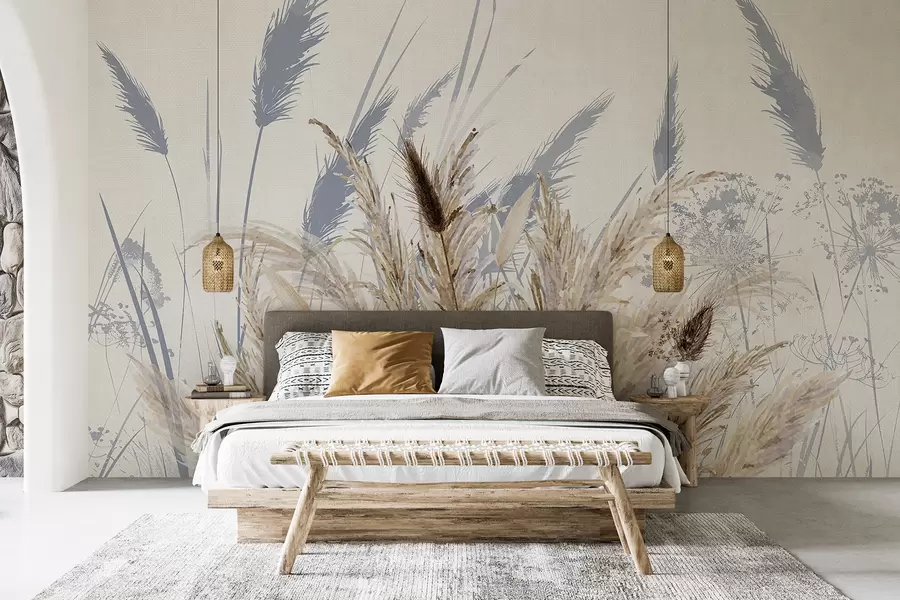 wall murals Tall stalks of wheat and grass with fluffy white plumes against a light background w08282