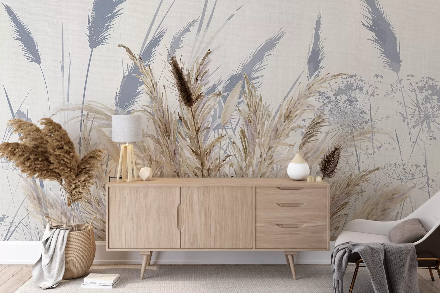 wall murals Tall stalks of wheat and grass with fluffy white plumes against a light background w08282