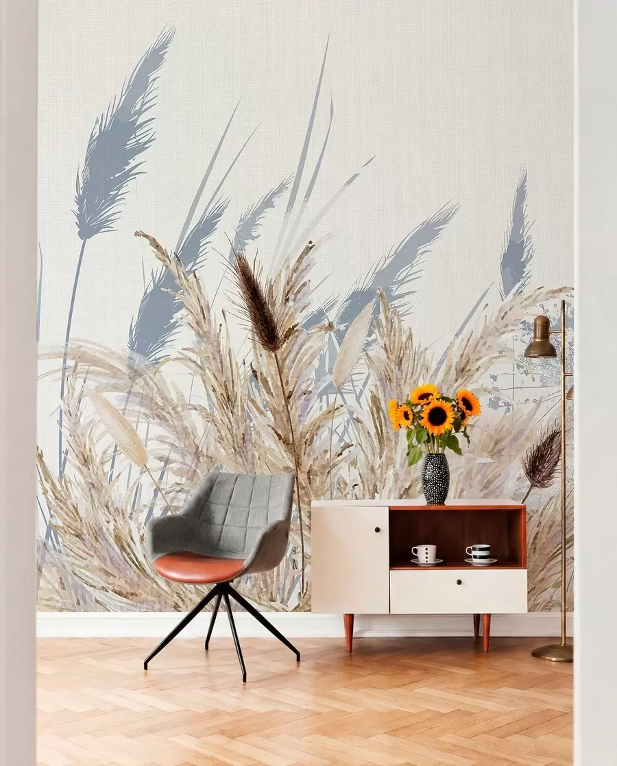 wall murals Tall stalks of wheat and grass with fluffy white plumes against a light background w08282