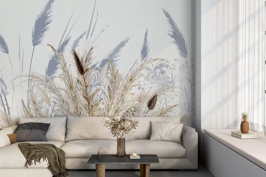 wall murals Tall stalks of wheat and grass with fluffy white plumes against a light background w08282