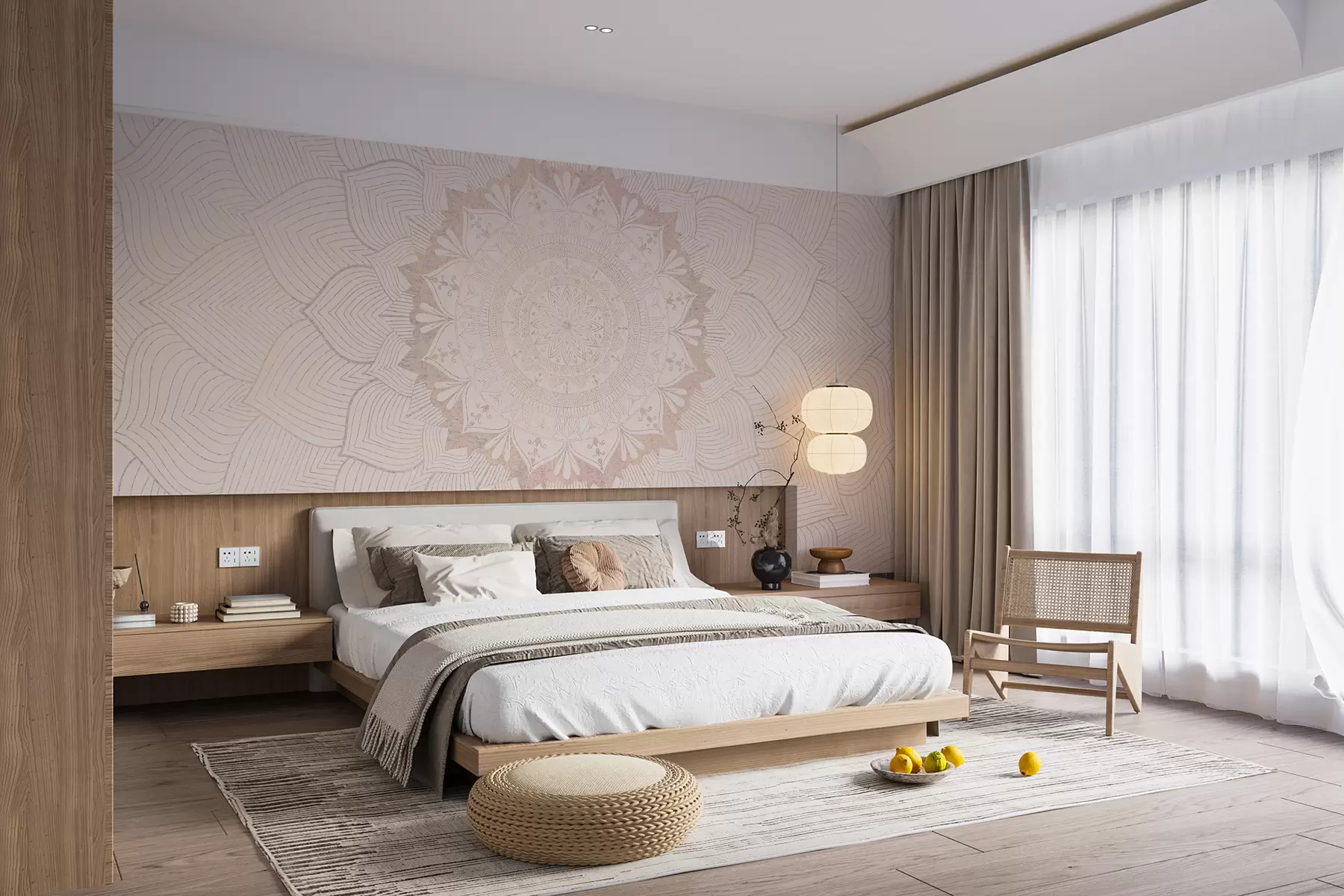 wall murals Round mandala, wallpaper for yoga space or to harmonize personal space. Wall mandala in warm pastel colors on a textured irregular background w01088