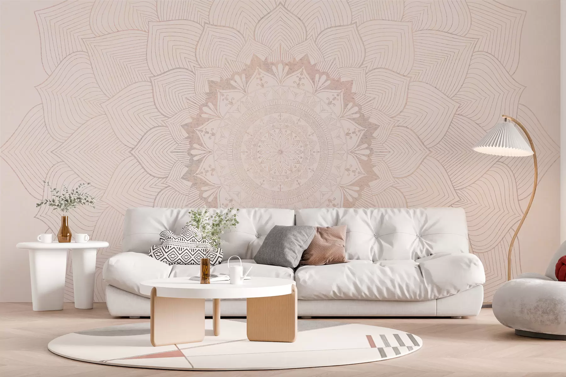 wall murals Round mandala, wallpaper for yoga space or to harmonize personal space. Wall mandala in warm pastel colors on a textured irregular background w01088