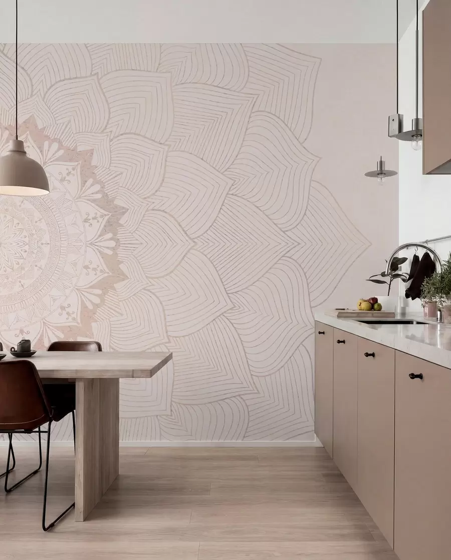 wall murals Round mandala, wallpaper for yoga space or to harmonize personal space. Wall mandala in warm pastel colors on a textured irregular background w01088