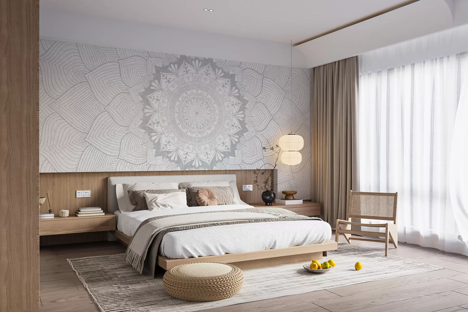 wall murals Round mandala, wallpaper for yoga space or to harmonize personal space. Wall mandala in gray shades on a textured heterogeneous background w01088v2