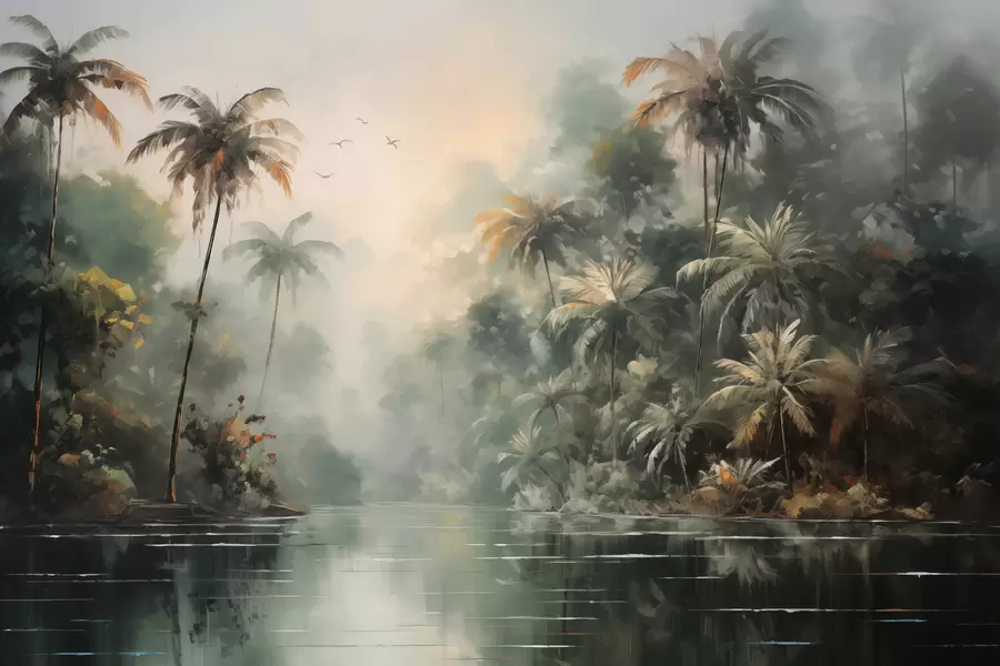 wall murals Jungle by the pond, palm trees, vegetation w01613